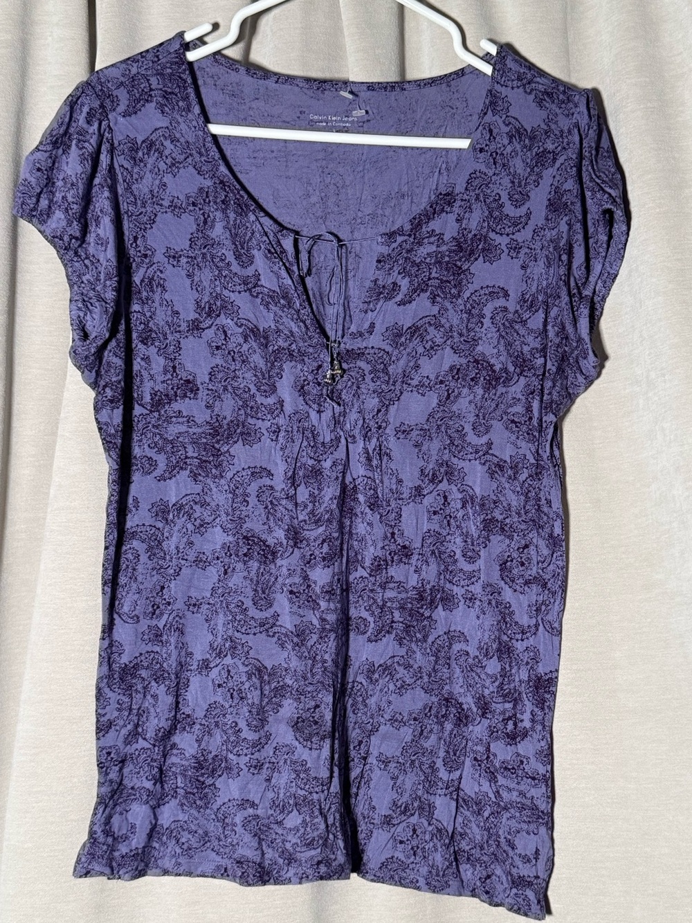 Vintage Casual Expression Purple Floral Paisley Keyhole Blouse - Size Large